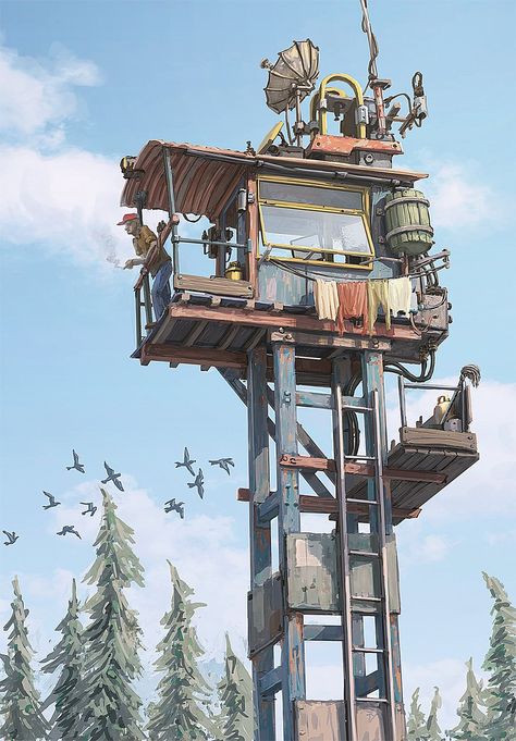 “Watchtower” by Hamish Frater Dystopian House Concept Art, Watchtower Drawing, Watchtower Concept Art, Hamish Frater, Art Apocalypse, Post Apocalyptic Art, Apocalypse Art, Chandler Riggs, Apocalypse Survival