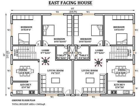 60’x40’ east facing house plan is given in this Autocad drawing file. Download now. - Cadbull 60×40 House Plans East Facing, 60x40 House Plans, 40×60 House Plans, Small House Design Floor Plan, 60 House, East Facing House Plan, Building Design Plan, Houses Design, House Facades