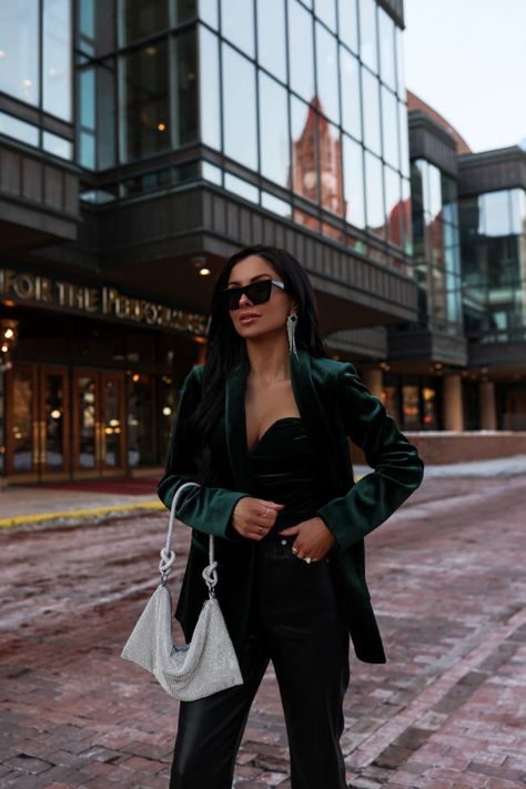 How to Style Blazers for the Holidays How To Style A Velvet Blazer, Green Velvet Blazer Outfit, Satin Blazer Outfits, Sequin Blazer Outfit, Velvet Blazer Outfit, Green Blazer Outfit, Blazer Dress Outfits, Green Velvet Blazer, Mia Mia Mine