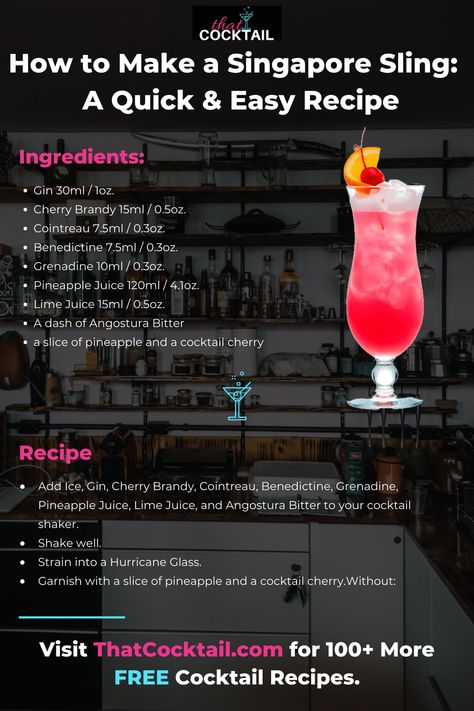 Singapore Sling Recipe, Singapore Sling Cocktail, Easy Cocktail Recipe, Bartender Drinks Recipes, Girly Drinks, Bartender Drinks, Singapore Sling, Cherry Brandy, Easy Cocktail