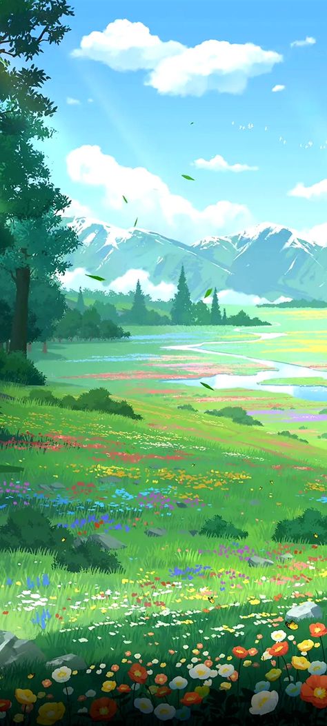 Anime Wallpapers Landscapes, Cute Anime Landscape, Anime Nature Aesthetic Wallpaper, Ghibli Landscape Wallpaper, Sunny Wallpers, Anime Nature Background, Cute Landscape Drawing, Ghibli Scenery Landscapes, Cute Landscape Background