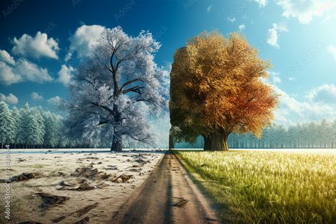 Split comparison view of different summer and winter seasons, environmental climate change, Generated AI Seasons Changing, Changing Seasons, Winter Season, Adobe Stock, Stock Illustration, Split, Stock Images, Portfolio, Stock Photos