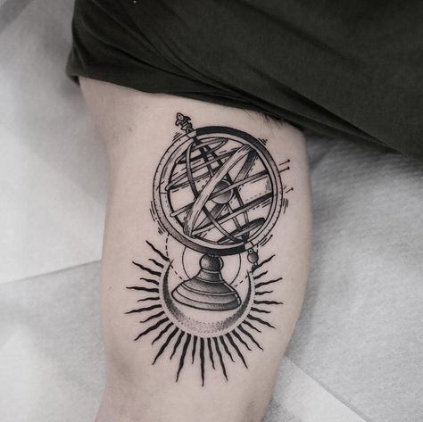 Did this armillary sphere for Marc. Thanks man #blackworkers_tattoo #blacktattooart… Celestial Sphere Tattoo, Armillary Sphere Tattoo, Gyroscope Tattoo, Sphere Tattoo, Clock Tattoo Sleeve, Plane Tattoo, Armillary Sphere, Celestial Sphere, Tattoo Board