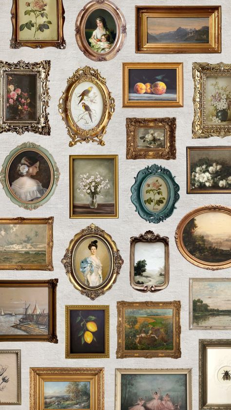 Art History Collage, Gallery Wall Background, Collages Background, Gallery Wall Wallpaper, Painting Collage Wall, Wallpaper Bedroom Vintage, Vintage Collage Wall, Collage Lockscreen, Frames Wallpaper