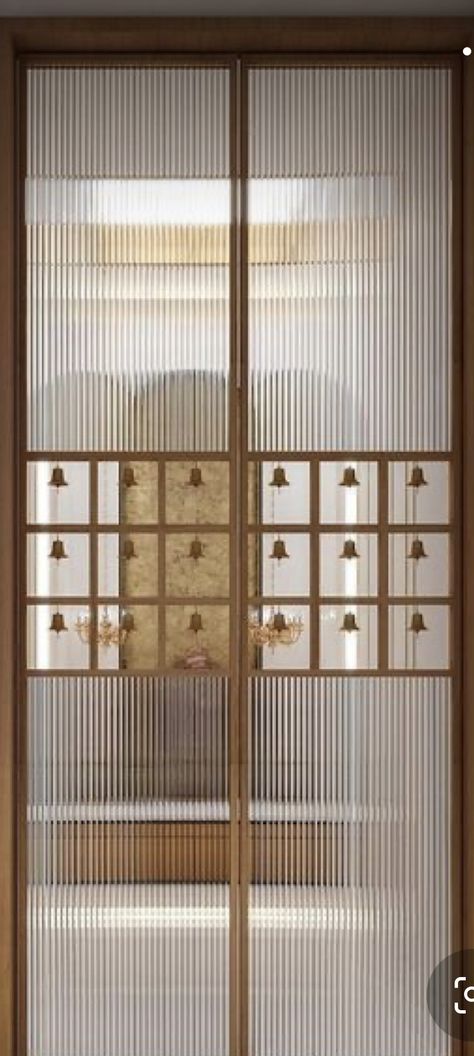 Pooja Room Window Design, Fluted Glass Pooja Door, Dev Ghar Design In Hall, Glass Door For Mandir, Dev Ghar Design, Pooja Room Glass Door Designs, Pooja Room Door Design Modern, Mandir Glass Door Design, Simple Hall Interior Design