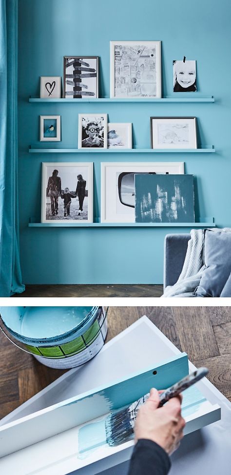 Looking for some fun photo wall ideas? Create a photo frame wall in your living room! Match your wall colour with the picture ledges for maximum impact. TRY IKEA picture ledge MOSSLANDA in white. We painted them in a bold turquoise hue. Picture Rails Shelf Photo Ledge, Ikea Picture Ledge Hack, Ikea Ledge Shelf Ideas, Wall Colours Ideas, Ikea Picture Ledge Ideas, Mosslanda Ikea Ideas, Living Room Ideas Ikea, Fireplace Ledge, Mosslanda Ikea