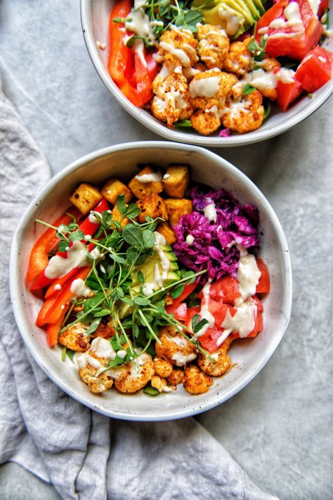 Cauliflower Tahini Buddha Bowls Coconut Rice Bowl, Goddess Bowls, Cauliflower Tahini, Vegan Buddha Bowls, Running On Real Food, Turmeric Cauliflower, Vegan Food Photography, Pickled Red Cabbage, Red Curry Sauce