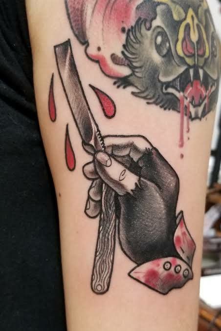 Sweeny Todd Tattoos, Sweeney Todd Tattoo, Horror Sleeve Tattoo, Tim Burton Tattoo Ideas, Neo Trad Flash, Myself Tattoo, Horror Leg Sleeve, Arm Patchwork, Tim Burton Sleeve