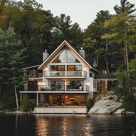 My Images Three Story Lake House, Two Story Lake House, Lake Homes Exterior, Lake Side House, House Built Into Hill, Lakehouse Aesthetic, Houses In Washington, Dream Lake House, Lake House Exterior