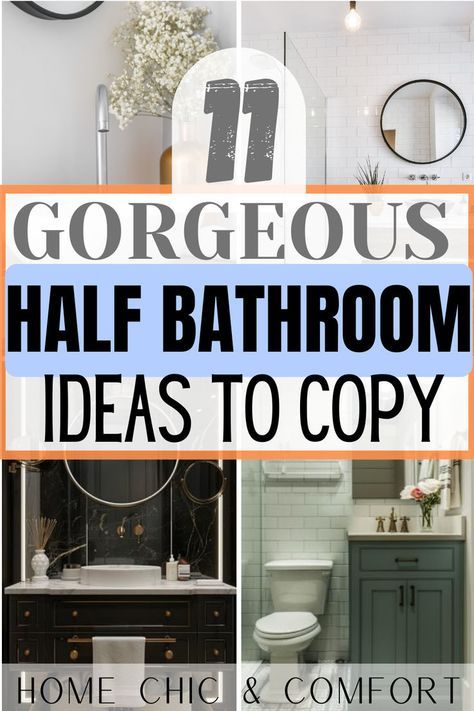 Looking for gorgeous half bathroom ideas for your home? This article gives you some of the best half bathroom decor ideas to elevate your bathroom in the most stunning way. Check this article out! Also includes ideas for small half bathroom ideas, small half bathroom, wallpaper bathroom ideas, and half bathroom wallpaper ideas! Small Half Bath Remodel On A Budget, Hall Bathroom Remodel Ideas, Powder Room With Floating Shelves, Green Accent Wall Powder Room, Small Half Bathroom Accent Wall, Half Bath To Full Bath Remodel Layout, Gallery Wall Half Bath, Scandinavian Half Bathroom, Half Bath With Storage