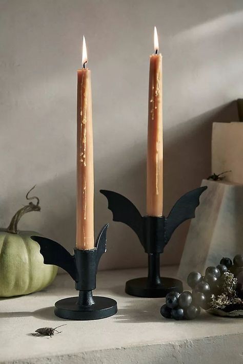 Halloween Bats On Wall, Door Decorations Halloween, Halloween Entry Table, Cast Iron Decor, The Foggy Dog, Halloween Trends, Taper Candle Holder, Halloween Porch Decorations, Glass Pumpkins