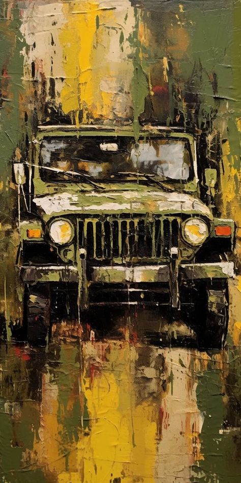 Car Painting Acrylic Abstract, Cars Oil Painting, Car Abstract Painting, Car Artwork Automotive Art, Car Acrylic Painting, Jeep Painting, Pictures With Horses, Military Drawings, Black And White Art Drawing