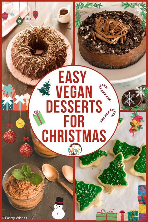 a collage of four photos of vegan desserts Vegan Christmas Treats, Desserts For Christmas, Vegan Chocolate Chip Muffins, Christmas Dinner Desserts, Vegan Christmas Desserts, Vegan Gingerbread Cookies, Christmas Dessert Recipes, Vegan Christmas Cookies, Christmas Pastries