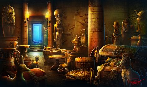 Egypt Treasure, Egypt Restaurant, Lego Cave, The Potter Family, Egyptian Treasure, Vault Room, Egypt Mythology, Treasure Room, Egyptian Tomb