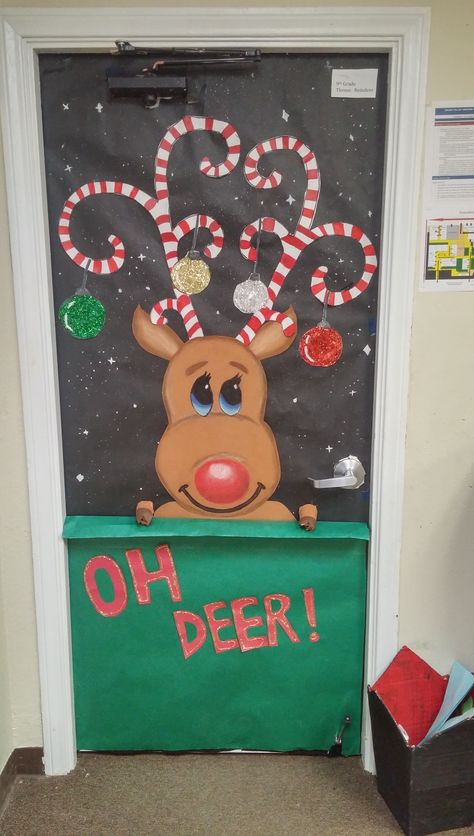 Oh Deer Door Decoration, Door Decorated For Christmas, Diy Christmas Door Decorations Office, Door Decoration Ideas For Christmas, Holiday Door Decorating Contest Schools, Winter School Door Ideas, Present Door Decoration, Rudolph Door Decorating Ideas, Doors Decorated For Christmas