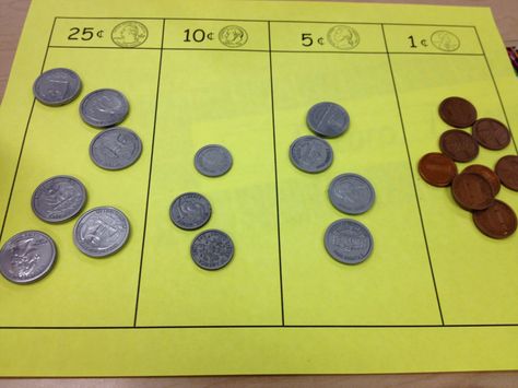 This is a sorting mat that I made to help my students identify coins.  I gave each student a baggie of mixed money and asked them to sort the coins by value.  They did a great job! Math Tubs, Money Activities, Money Lessons, Sorting Mats, Money Math, Math Boards, School House Rock, Kindergarten Math Activities, First Grade Teachers