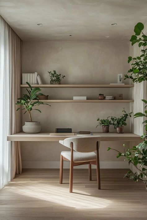 40 Japandi Office Design Ideas for a Balanced and Peaceful Space Asian Scandinavian Interior, Japandi Boho Bedroom, Japandi Study Room, Japandi Home Design, Office Japandi, Japanese Home Office, Home Office Minimal, Japandi Office Design, Japandi Office