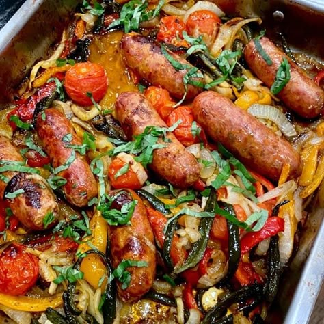 Roasted Sausage & Peppers Sausage And Peppers Ina Garten, Roasted Italian Sausage And Peppers, Ina Garten Sausage And Peppers, Alfresco Sausage Recipes, Italian Peppers And Sausage, Oven Roasted Sausage And Peppers, Italian Sausage And Potatoes In Oven, Oven Roasted Sausage And Potatoes, Sausage Peppers And Onions In Oven