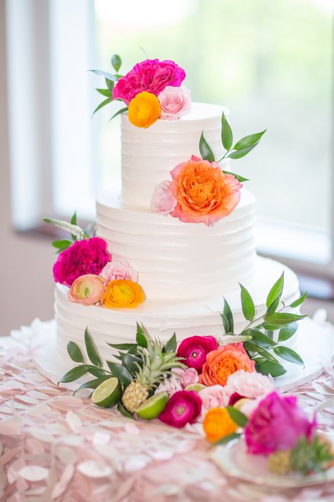 Bright Wedding Cake Ideas, Blush Pink Wedding Cake, Pink And Orange Wedding, Bright Pink Wedding, Orange Wedding Cake, Society Wedding, Yellow Wedding Cake, Twa Hotel, Wedding Cake Navy