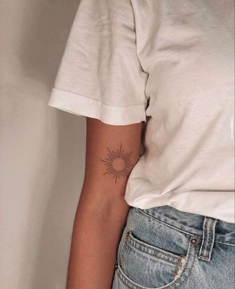 Red Yin Yang Tattoo, Full Sun Tattoo, Arizona Sun Tattoo, Unique Sun Tattoos For Women, Sun Tattoo Inner Arm, Sun On Elbow Tattoo, Sun Tattoo Placement Ideas, Elbow Tattoo Sun, Delicate Sun Tattoo