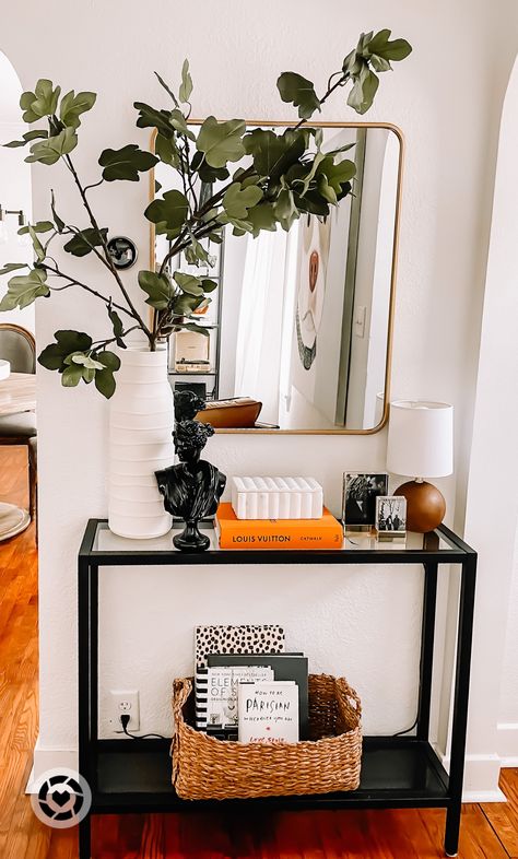 Small Corner Foyer Ideas Entryway, Very Narrow Entryway Table, Glass Table Entryway Decor, Narrow Console Table Styling, Entrance Foyer Design Small Spaces, Small Entry Table Decor, Small Entryway Table Decor, Narrow Entryway Console, Black Entry Table