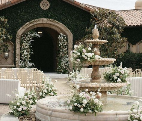 Classy Wedding Mood Board, Wedding Arch Classic, Old European Wedding Theme, Timeless European Wedding, Soft Romance Wedding, Small Fancy Wedding, Water Fountain Wedding Decor, French Wedding Centerpieces, Fountain Florals Wedding