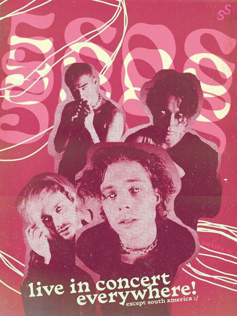 Band poster of 5 seconds of summer, pink poster in the style of punk posters of the 80s and 90s. Designed in photoshop. It reads: 5SOS Live in concert everywhere, except south america... 5sos Graphic Design, Concert Poster Ideas, Vision Board Design, College Posters, Music Graphics, College Poster, Digital Ideas, Concert Poster Design, Y2k Posters