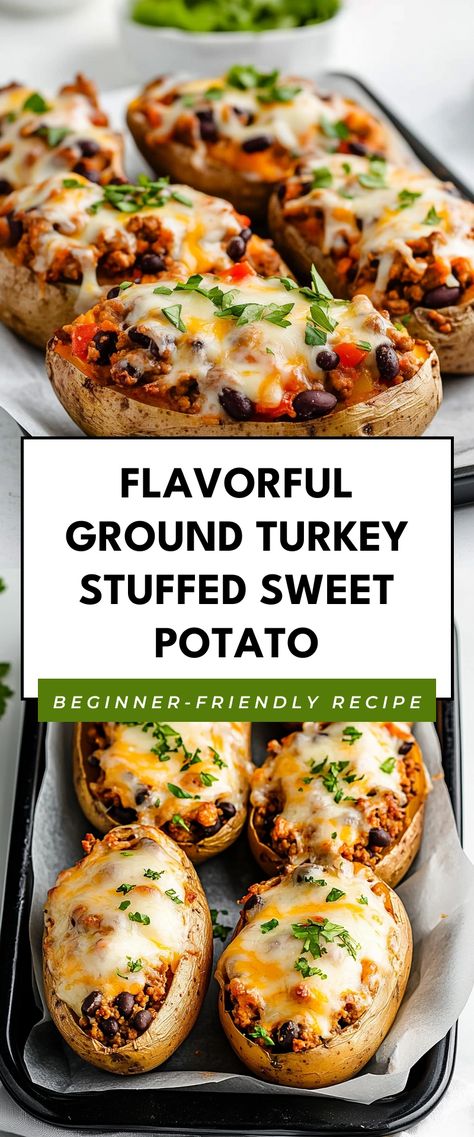 Image for Flavorful Ground Turkey Stuffed Sweet Potato Ground Turkey Snack Recipes, Protein Stuffed Sweet Potato, Ground Turkey Snacks, Ground Turkey Stuffed Sweet Potato, Ground Turkey Sweet Potato Soup, Healthy Stuffed Sweet Potato, Paleo Ground Turkey Recipes, Turkey And Sweet Potato Recipes, Ground Turkey Potato Recipes