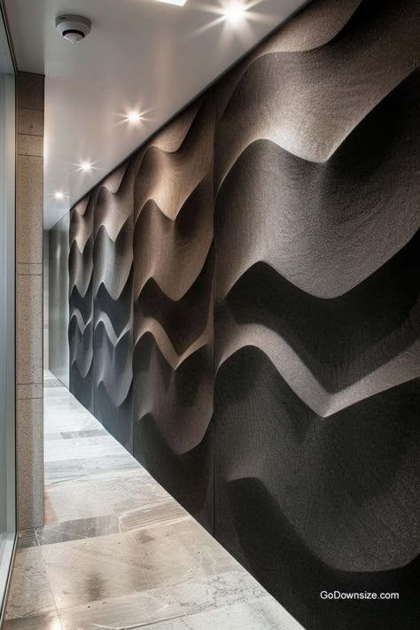 On the other hand, you can have a smoother alternative. This wall panel contains soft waves to bounce off sounds and embody movement in the room. Sound Acoustic Panels, Office With Sound Panels, Modern Acoustic Wall Panels, Soundproof Wall Design, Sound Proof Wall Panelling, Sound Proof Wall Design, Acoustic Wall Panels Bedroom, Sound Proof Panel Design, Diy Acoustic Wall Panels