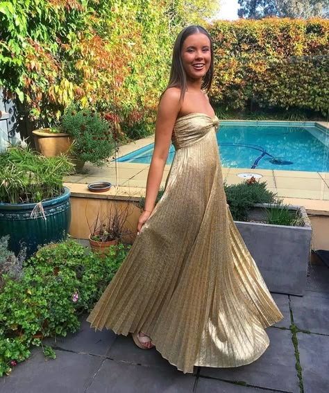 Hire Now || High Street Runway Strapless Prom Dress Gold, Maxi Dress Gold, Long Gold Fearless Dress, Gold Floral Prom Dress, Silk Gold Prom Dress, Disco Prom Dress, College Formal Dresses Long, Gold Silk Prom Evening Dress, Beachy Prom Dress