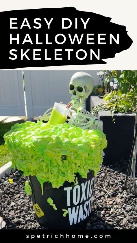 Get creative at Halloween this year with this easy DIY Spooky Skeleton Decor Idea. This tutorial is packed with funny and creative ideas to help make your Halloween parties and events extra spooky. Follow the instructions and bring Mr. Skeleton to life! Diy Halloween Skeleton, Easy Diy Home Projects, Skeleton Decor, Cheap Diy Halloween Decorations, Green Spray Paint, Halloween Skeleton Decorations, Toxic Waste, Homemade Halloween Decorations, Spooky Skeleton