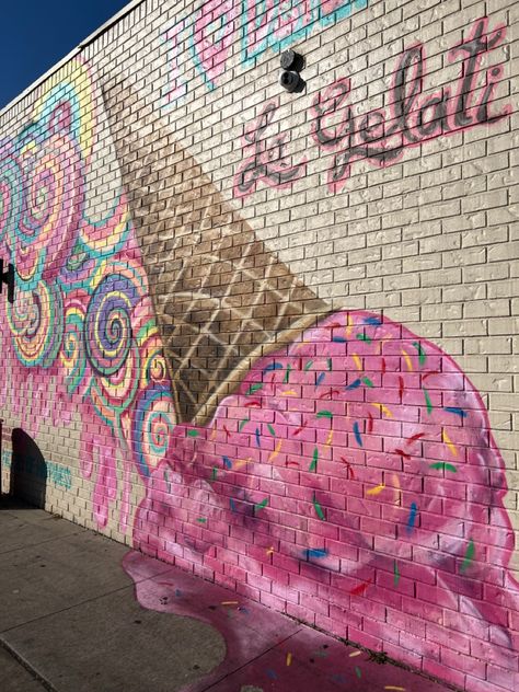 ice cream mural on wall in dearborn michigan Ice Cream Mural Street Art, Ice Cream Murals, Ice Cream Selfie Wall, Ice Cream Shop Mural, Ice Cream Mural, Ice Cream Business Ideas, Shop Bathroom Ideas, Icing Aesthetic, Snack Truck