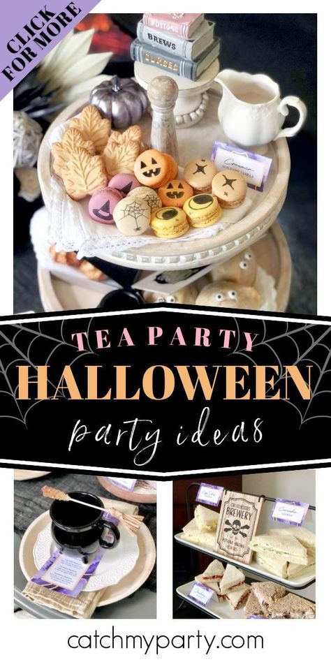 Take a look at this creepy boho Halloween tea party! The table settings are fantastic! See more party ideas and share yours at CatchMyParty.com Halloween Tea Party Food Ideas, Witch Tea Party Food, Horror Tea Party, Witches Brew Tea Party, Tim Burton Tea Party, Witch’s Tea Party, Halloween Tea Party Sandwiches, Gothic Tea Party Food, Halloween High Tea Party