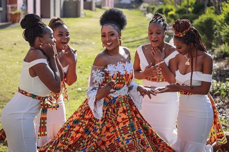 Zimbabwean Bride and Bridesmaids In African Dresses For Roora African Traditional Wedding Dress Bridesmaid, Traditional Wedding Styles, Nigerian Wedding Dresses Traditional, African Bridesmaids, African Bridesmaid Dresses, African Traditional Wedding Dress, African Wedding Attire, Marriage Dress, Popular Wedding Dresses