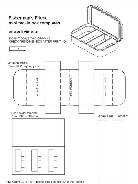 This drawing contains templates to make the inserts for a mini tackle box using a fisherman's Friend or Altoids tin. It accompanies a youtube video https://www.youtube.com/watch?v=G9iBAqPSaUA Altoid Tin Games Diy, Altoid Tin Template Free Printable, Altoid Tin Fishing Kit, Altoid Tin Ideas Diy Survival Kits, Altoid Mint Tin Crafts, Altoids Tin Ideas, Alto Is Tin Crafts, Diy Altoid Tin Crafts, Tin Box Crafts