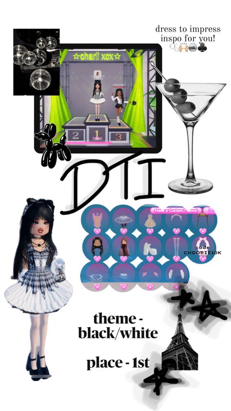 dti inspo • theme - black/white • place - 1st • owner 2 • codes - CHOOPIE10K • no vip • #black #white #dti #novip #cute #inspo Charli Xcx, Dress To Impress, Black White, Black And White, White, Black