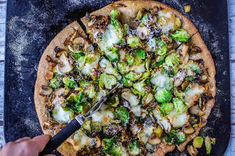 Smoky Brussels sprouts and mushrooms wholemeal #pizza with an instant garlic-herb sauce to drizzle or dip. Delicious with or without cheese. #vegetarian #brusselssprouts Brussels Sprouts And Mushrooms, Herb Sauce, Eat To Live, Garlic Herb, Girl Needs, Brussels Sprouts, Brussel Sprouts, Brussel Sprout, Brussels