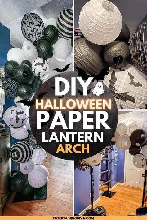 DIY Halloween Paper Lantern Arch | Halloween Paper Lantern Photo Backdrop, Halloween Arches Diy, Diy Halloween Bottles, Halloween Scene Setters, Halloween Photo Backdrop, Halloween Diy Paper, Halloween Party Drinks, Halloween Haunted House Decorations, White Paper Lanterns