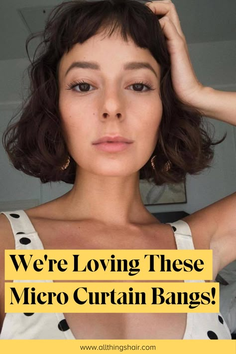 girl with short black bob and micro curtain bangs wearing a polka dot top Curtain Micro Bangs, Microbangs Shag, How To Style Micro Bangs, How To Cut Micro Bangs, Baby Bangs Wavy Hair, Bangs On Older Women, Bob Micro Bangs, Short Hair Micro Bangs, Mini Curtain Bangs