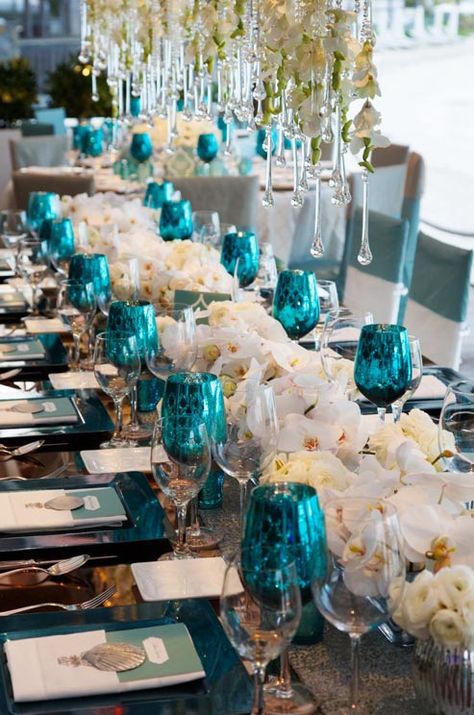 Black and Turquoise Party Decorations | smitten for turquoise too and the turquoise goblets on this table are ... Colin Cowie Wedding, Teal Wedding, Turquoise Wedding, Beach Destination Wedding, Table Scapes, Long Table, Wedding Tablescapes, Island Weddings, Tiffany Blue