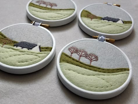 Scottish Embroidery, Scottish Croft, Embroidered Tree, Wooden Embroidery Hoops, Winter Sky, Felt Embroidery, White Wax, Wool Applique, Embroidery Hoop Art