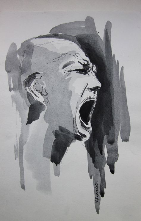 Yelling Side View Drawing, Watercolor Emotion Art, Screaming Man Painting, Man Screaming Drawing, Watercolor Emotion, Emotional Watercolor, Crying Reference, Screaming Drawing, Man Watercolor