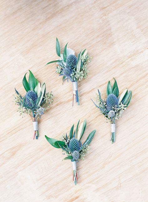 Thistle Boutonniere, Corsage Ideas, San Juan Capistrano Wedding, Wedding Flower Guide, Groomsmen Boutonniere, Flower Guide, Blue Wedding Flowers, Prom Flowers, San Juan Capistrano