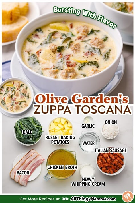 bowl of Olive Garden Zuppa Toscana Soup. ingredients to make Olive Garden Zuppa Toscana Soup. Olive Garden Zuppa Toscana Soup, Olive Garden Zuppa, Olive Garden Zuppa Toscana, Zuppa Toscana Soup, Tuscan Soup, Toscana Soup, Comfort Soup Recipes, Homemade Soup Recipe, Comfort Soup