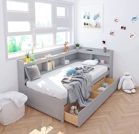 Small Room Kids Bed, Shelving Around Bed Kids, Twin Bed With Bookcase Headboard, Twin Bookcase Bed, Platform Bed With Shelves, Full Size Bed Frame With Storage, Girl Bed Frame, Twin Size Bed Ideas, Captain Beds With Storage