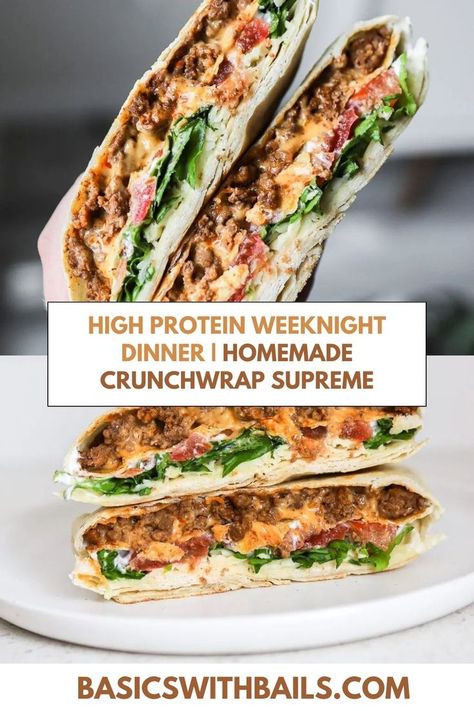 Dinner Recipes High Protein, Homemade Taco Bell, High Protein Dinner Recipes, Crunchwrap Supreme Recipe, Low Cal Lunch, Low Cal Dinner, Taco Bell Crunchwrap Supreme, Taco Bell Crunchwrap, Homemade Crunchwrap