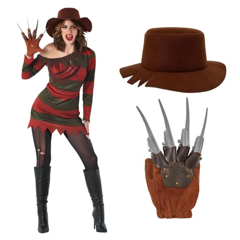 PRICES MAY VARY. Our horror movie costume for women includes: rustic striped, fitted dress, brown hat and horror character claw 6 sizes available! Our nightmare killer costume for women comes in S, M, L, XL, 2XL and 3XL. Please refer to the size guide found in images for further sizing information Our horror character costume features gruesome slasher print and striking claw accessory, stand out at your costume party! Founded in 2009 by 3 friends with a passion for costumes, we now have 100s of Women’s Halloween Costume Horror, Woman Scary Costume, Killer Costume Women, Killer Nurse Costume, Comfy Halloween Costumes For Women, Brown Costume Ideas, Female Freddy Krueger Costumes, Cute Scary Halloween Costumes, Scary Movie Halloween Costumes