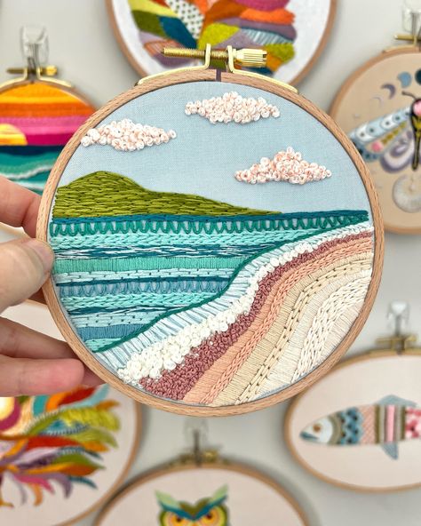 Driftwood Paintings, Water Embroidery, Beach Embroidery, Penny Black Stamps, Embroidery Hoop Wall Art, Textile Art Embroidery, Abstract Embroidery, Hand Beaded Embroidery, Pretty Embroidery