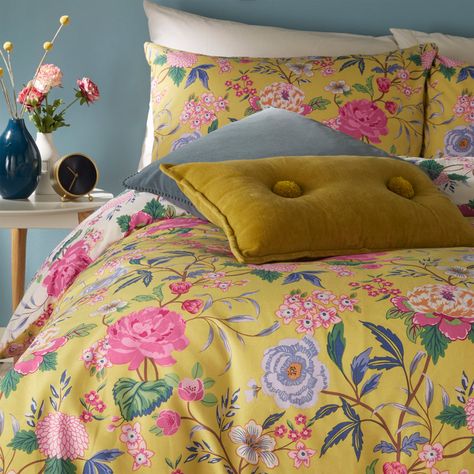 furn. Bamboo Yellow Azalea Floral Duvet Cover Set. Floral. Printed. Boho. Button Fastening. PolyCotton. 50% Polyester 50% Cotton. Featuring a 'bursting with colour' reversible design of bright blooms. Made using crisp polycotton making this duvet set soft and hard-wearing. Clear button closure for easy removal of duvet. Add instant happiness to your bedroom with the floral Azalea bedding, bursting with bright blooms. Featuring a fully reversible design, so you get two looks in one, perfect for s Yellow Bedding, King Duvet Cover Sets, Bedroom False Ceiling Design, Floral Duvet Cover, Floral Cushions, Green Bedding, Floral Bedding, Floral Duvet, Reversible Duvet Covers