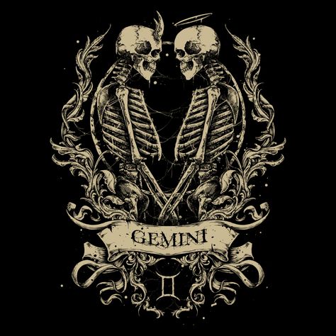 gemini zodiac sign on Threadless Gemini Skull Tattoo Ideas, Dark Gemini Art, Dark Gemini Tattoo, Gemini Symbol Aesthetic, Gemini Demon, Gemini Dragon Tattoo, Gemini Drawings, Gemini Moon Aesthetic, Gemini Zodiac Wallpaper